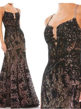 Mac Duggal Black Lace Gown with Blush Metallic Underlay
